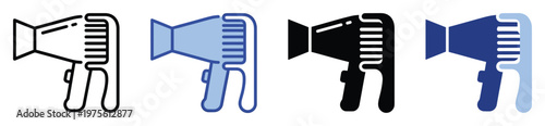 Versatile hair dryer appliance icon set in various styles suitable for personal grooming product interfaces, beauty salon advertisements, or electronic device application designs