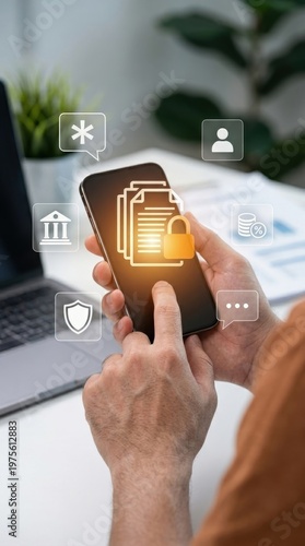 Person holding smartphone displaying locked documents icon with digital security and data icons