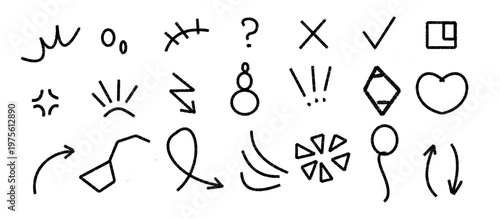 Chalk scribble elements. Hand drawn cute doodle line element arrow, emphasis, shock, sparkle. Anime movement, express shape. Vector illustration. JPEG version.
