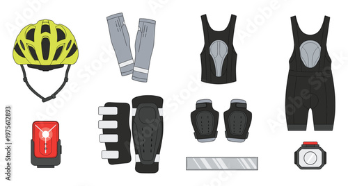 Comprehensive cycling safety equipment collection featuring helmet lights and protective pads perfect for sportswear design educational infographics and bicycle enthusiast content