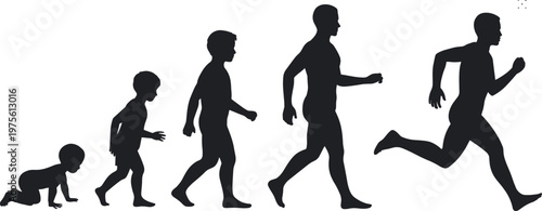 Human growth silhouettes from baby to running adult, stages of development, progression of movement, fitness concept, active lifestyle and evolution