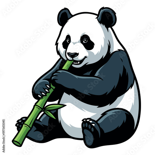 Giant panda sitting and eating bamboo stick