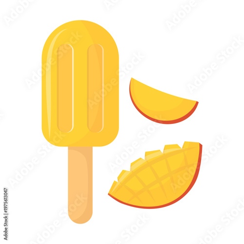 Bright mango ice cream popsicle with fresh fruit slices. Juicy tropical dessert illustration isolated on white background. Perfect for summer design, menus, packaging, posters.