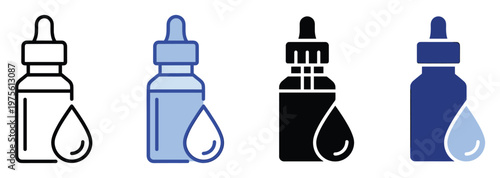 Diverse styles of liquid dispenser bottle icons featuring a single drop, perfect for conveying precise medication or serum usage