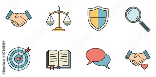 Line icons representing business concepts including agreement, justice, safety, inquiry, target, wisdom, dialogue, and caring partnership useful for professional presentations and digital