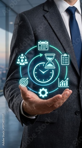 Businessman holding a virtual display of time management productivity and business goals with icons
