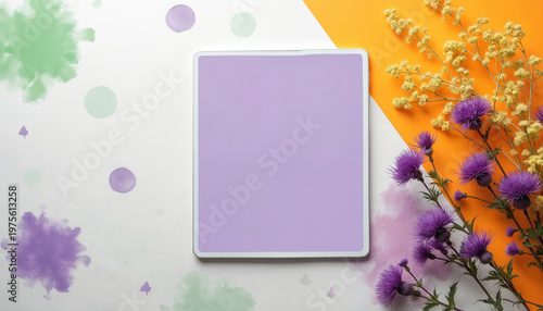 Top view of purple thistle flowers and yellow wildflowers beside a tablet with purple screen. Green and purple watercolor splatters on white background with orange area.