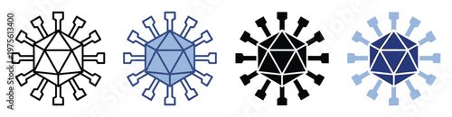 Icosahedral virus icon set with spikes symbolizing infectious agents and disease transmission suitable for scientific reports public health awareness campaigns and medical laboratory