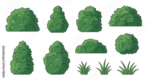 A versatile collection of stylized green bushes and grass plants in various shapes, ideal for enhancing landscape layouts, garden designs, outdoor environment decoration, and educational