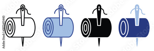 Essential sewing needle and thread spool icon set for crafting projects, clothing repair, textile design, and DIY hobby supplies