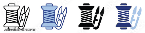Spool of thread and scissors icon symbolizing essential sewing and tailoring tools, perfect for craft projects, textile design, fashion industries, and DIY hobbyist applications.