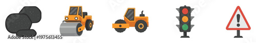 Flat vector icons depicting road construction elements such as asphalt material, road rollers, a traffic light, and a warning sign, perfect for infrastructure project planning and safety