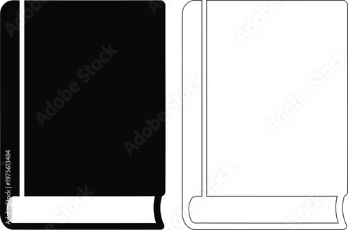 Minimalist open book icon vector illustration. Black and white pages with hardcover spine. Isolated on transparent background for digital design.