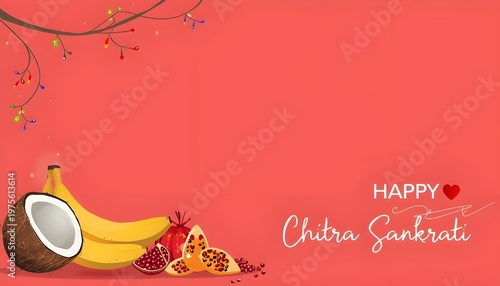 happy chaitra sankranti greeting banner with traditional fruits coconut banana and pomegranate on red background