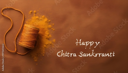 happy chaitra sankranti greeting with traditional kite string spool and manja powder on brown background