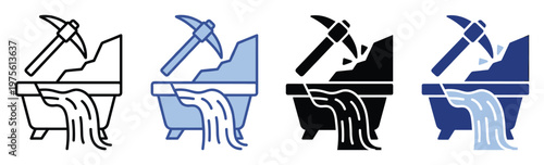 Icon depicting a pickaxe striking rock with water flowing into a bathtub, symbolizing resource discovery and essential utilities for business, finance, and environmental concepts.