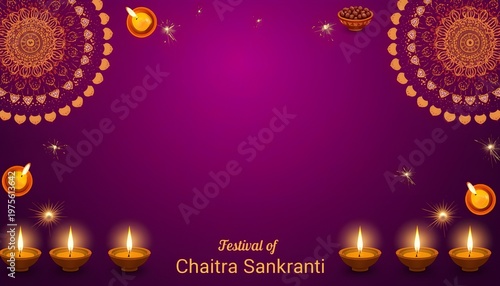festival of chaitra sankranti greeting banner with burning oil lamps and golden mandala ornaments on purple background
