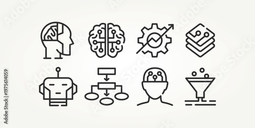 minimalist set of artificial intelligence technology line art icons vector illustration design. machine, AI brain, network and more