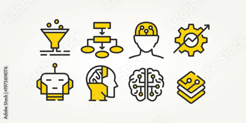 minimalist set of artificial intelligence technology line art icons vector illustration design. machine, AI brain, network and more