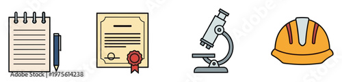 Set of essential tools and symbols representing learning, achievement, scientific exploration, and construction industry safety, suitable for educational, professional, and vocational