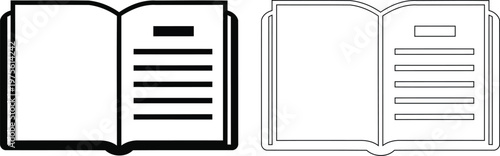Document comparison and file review process. Two open blank notebooks side by side. Black and white minimalist vector illustration for business workflows.