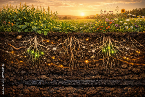 Regenerative agriculture cross-section showing living soil carbon sequestration mycorrhizal networks root exudates humus amber dissolved organic carbon and biodiverse field at golden hour