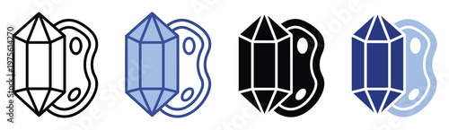 Faceted crystal gem and gua sha massage tool icon set representing beauty and wellness for modern graphic resources and app interface elements