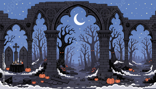 Halloween Gothic Ruins and Creepy Graveyard at Night Vector Landscape.