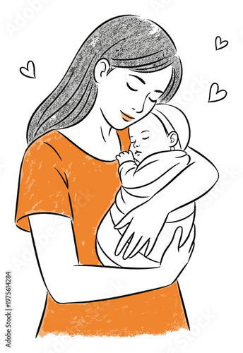 Affectionate drawing of a mother gently cradling her sleeping newborn, representing warmth, security, and the powerful bond between parent and child for various familyfocused media