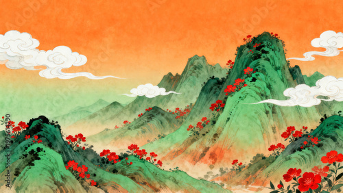 Green Landscape Red Azalea · Auspicious Cloud Chinese Painting Chinese Style Scenery