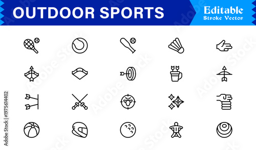 Outdoor Adventure Line Icon Set – Professional Modern Minimal Sports Symbols, Active Lifestyle Line Icon Collection