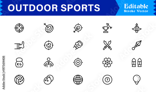 Outdoor Adventure Line Icon Set – Professional Modern Minimal Sports Symbols, Active Lifestyle Line Icon Collection
