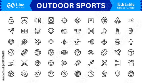 Outdoor Adventure Line Icon Set – Professional Modern Minimal Sports Symbols, Active Lifestyle Line Icon Collection