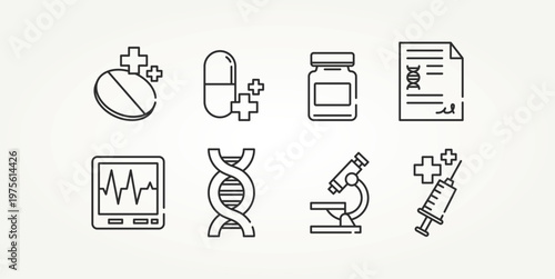 minimalist set of healthcare and hospital line art icons vector illustration design. capsule, microscope, medicine and more
