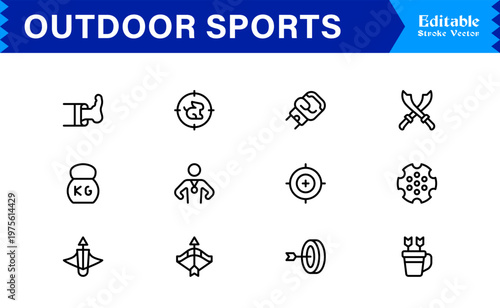 Outdoor Adventure Line Icon Set – Professional Modern Minimal Sports Symbols, Active Lifestyle Line Icon Collection