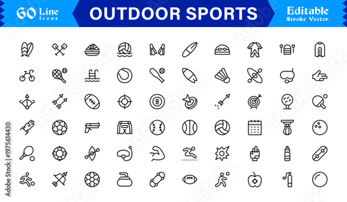 Outdoor Adventure Line Icon Set – Professional Modern Minimal Sports Symbols, Active Lifestyle Line Icon Collection
