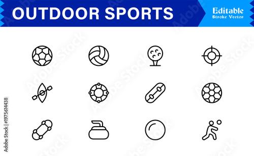 Outdoor Adventure Line Icon Set – Professional Modern Minimal Sports Symbols, Active Lifestyle Line Icon Collection