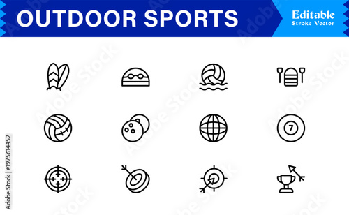 Outdoor Adventure Line Icon Set – Professional Modern Minimal Sports Symbols, Active Lifestyle Line Icon Collection