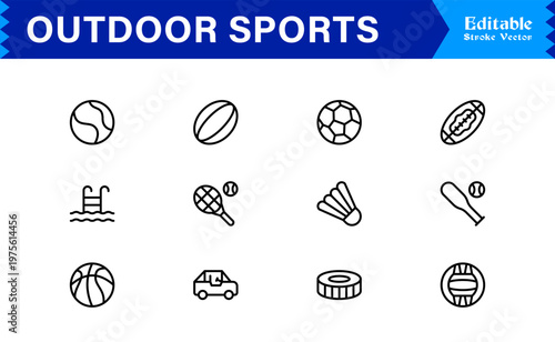 Outdoor Adventure Line Icon Set – Professional Modern Minimal Sports Symbols, Active Lifestyle Line Icon Collection