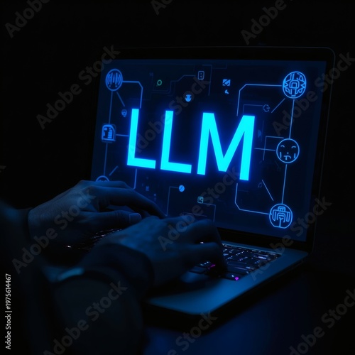 Person typing on laptop with LLM displayed on futuristic screen