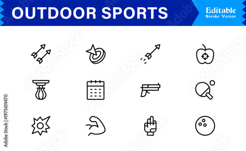 Outdoor Adventure Line Icon Set – Professional Modern Minimal Sports Symbols, Active Lifestyle Line Icon Collection