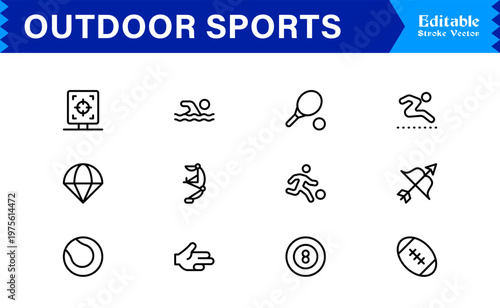 Outdoor Adventure Line Icon Set – Professional Modern Minimal Sports Symbols, Active Lifestyle Line Icon Collection