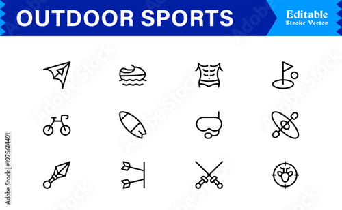Outdoor Adventure Line Icon Set – Professional Modern Minimal Sports Symbols, Active Lifestyle Line Icon Collection