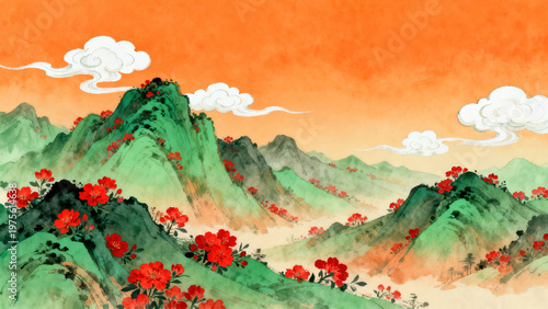 Green Landscape Red Azalea · Auspicious Cloud Chinese Painting Chinese Style Scenery