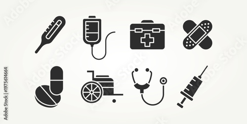 minimalist set of healthcare and hospital silhouette flat icons vector illustration design. stethoscope, first aid, medicine and more