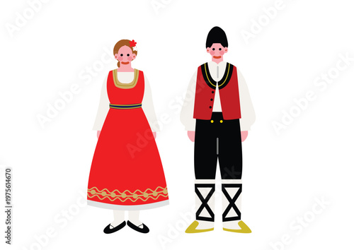 ブルガリアの伝統的な民族衣装を着た男女のイラスト
