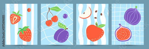 Set of cute colorful fruit cards with strawberry, cherry, plum, fig and apple, modern flat vector illustration with pastel backgrounds and abstract patterns