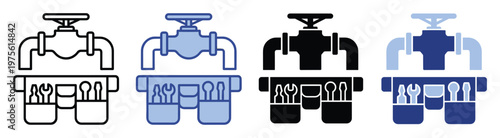 Professional plumbing service icons featuring a control valve on a pipe and a utility belt with essential tools for repair and home improvement applications.
