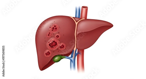 Medical illustration of a diseased liver with cancerous tumors and damage.