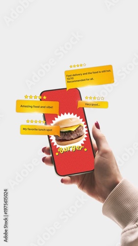 Smartphone with burger and customer reviews floating around. Concept of food delivery app promo, user reviews influence, social marketing, rating system visualization, digital ordering experience.